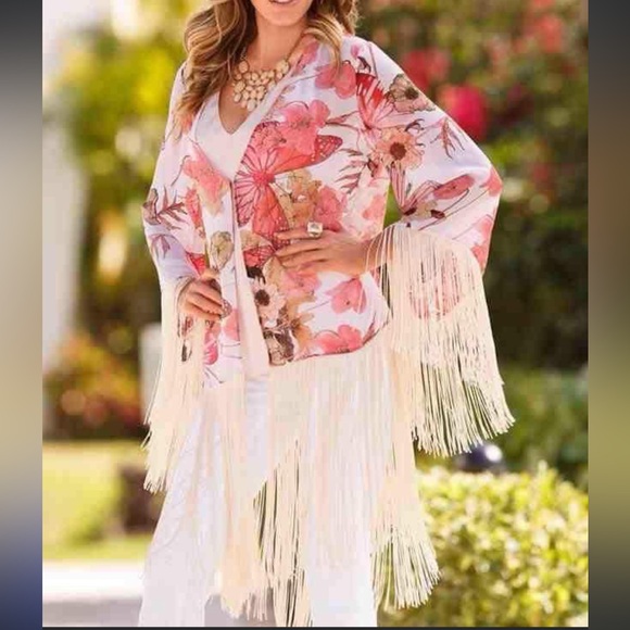 Boston Proper Pinkish/Peach & White Boho Fringe Butterfly Print Kimono NWOT S - Picture 1 of 16
